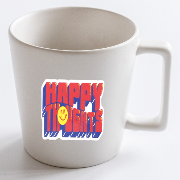 "Happy Thoughts" Vinyl Die Cut Decal On Coffee Mug